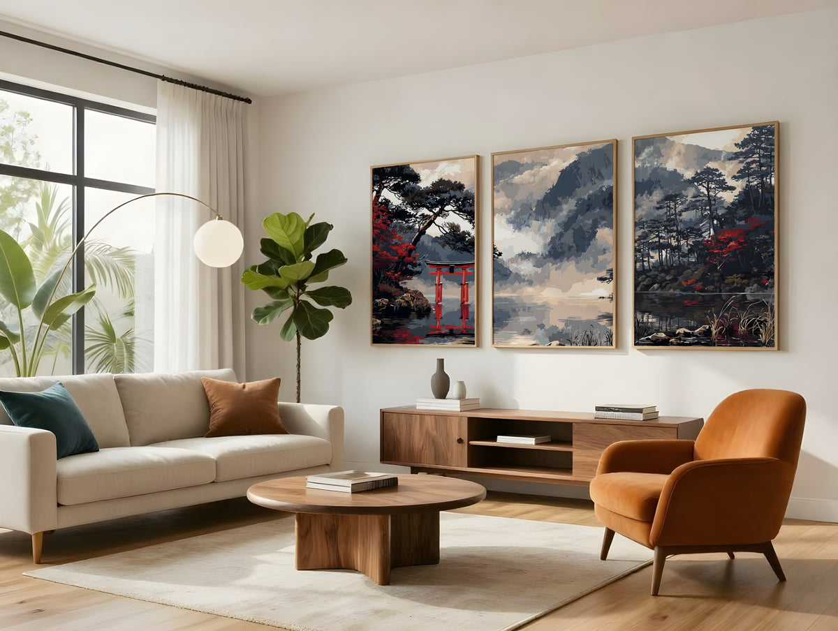 Silent Torii Inlet panorama displayed as three panels in a premium interior
