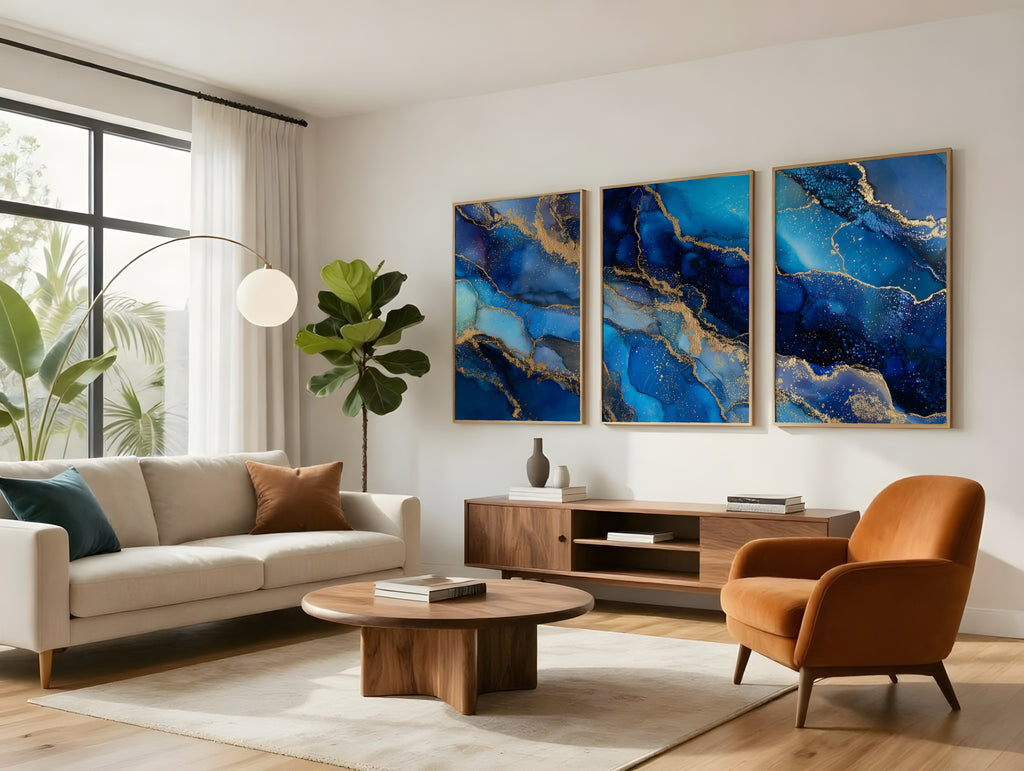 Cobalt Gold Panorama displayed as three-panel triptych in a premium interior