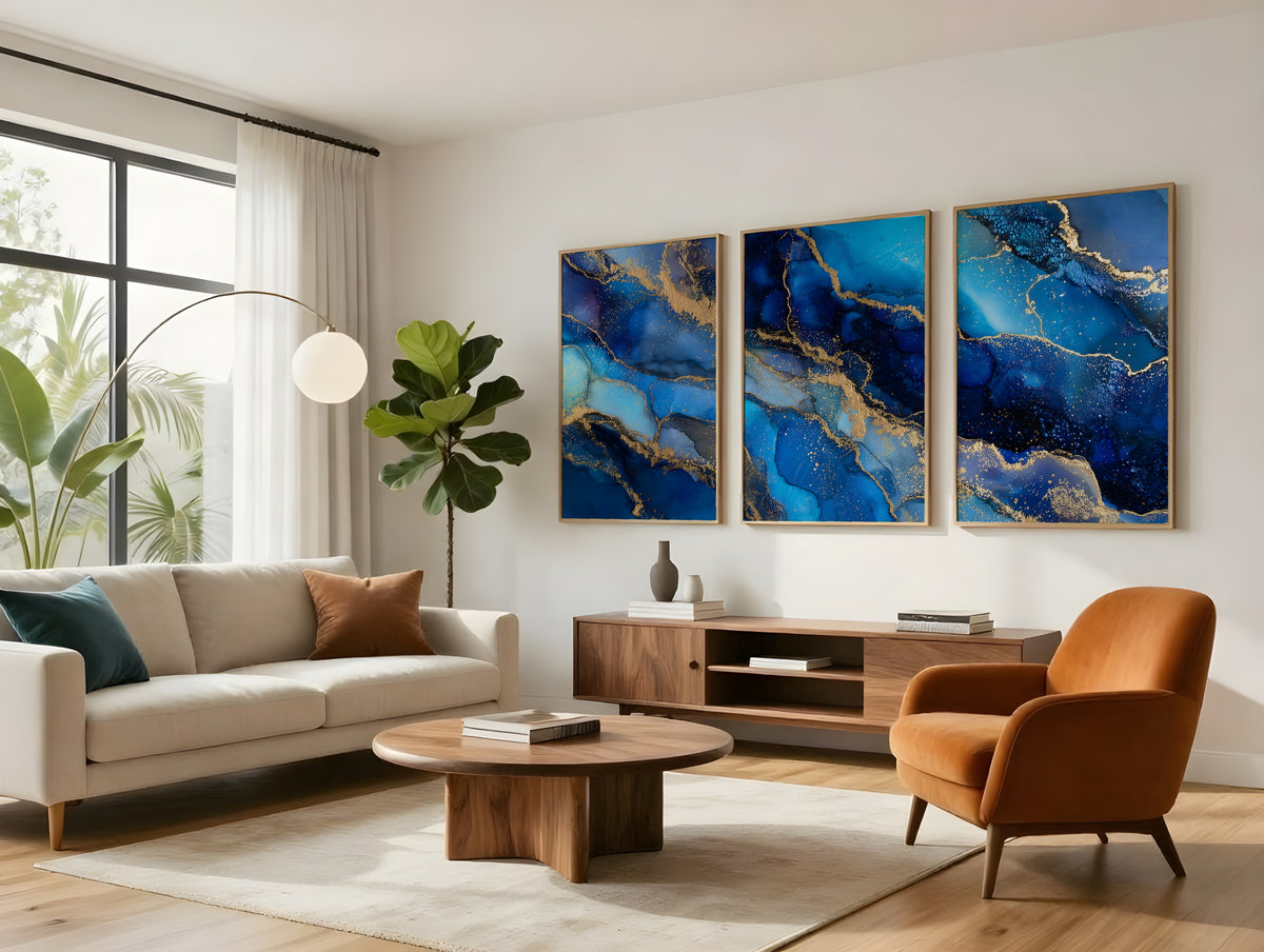Cobalt Gold Panorama displayed as three-panel triptych in a premium interior