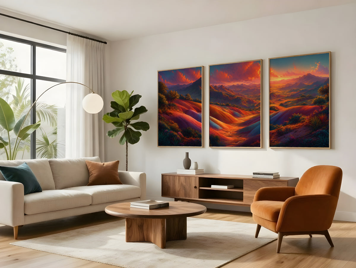 Chamarel Seven Coloured Earth panorama displayed in a styled interior — Mauritius landscape triptych above sofa
