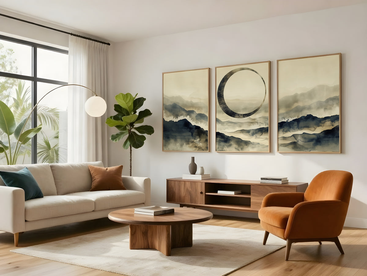 Enso Misty Mountain Horizon panorama displayed in a styled interior — Japandi triptych wall art above sofa