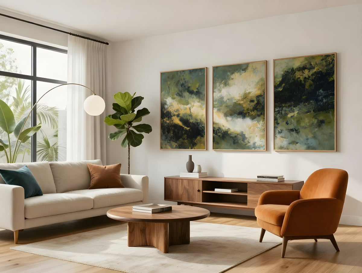 Sage Storm Panorama displayed as three-panel triptych in a premium interior
