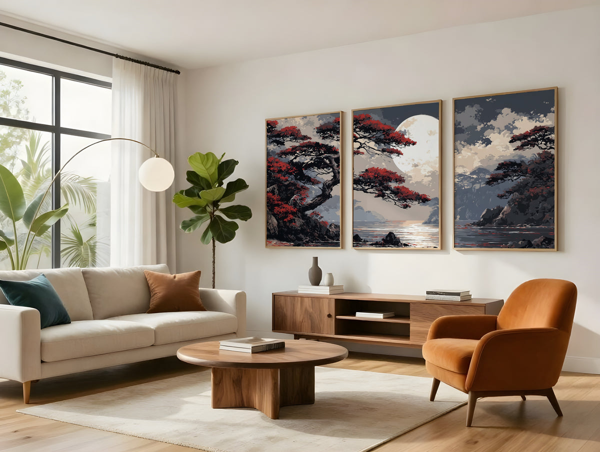Crimson Moon Shore panorama displayed as three panels in a premium interior