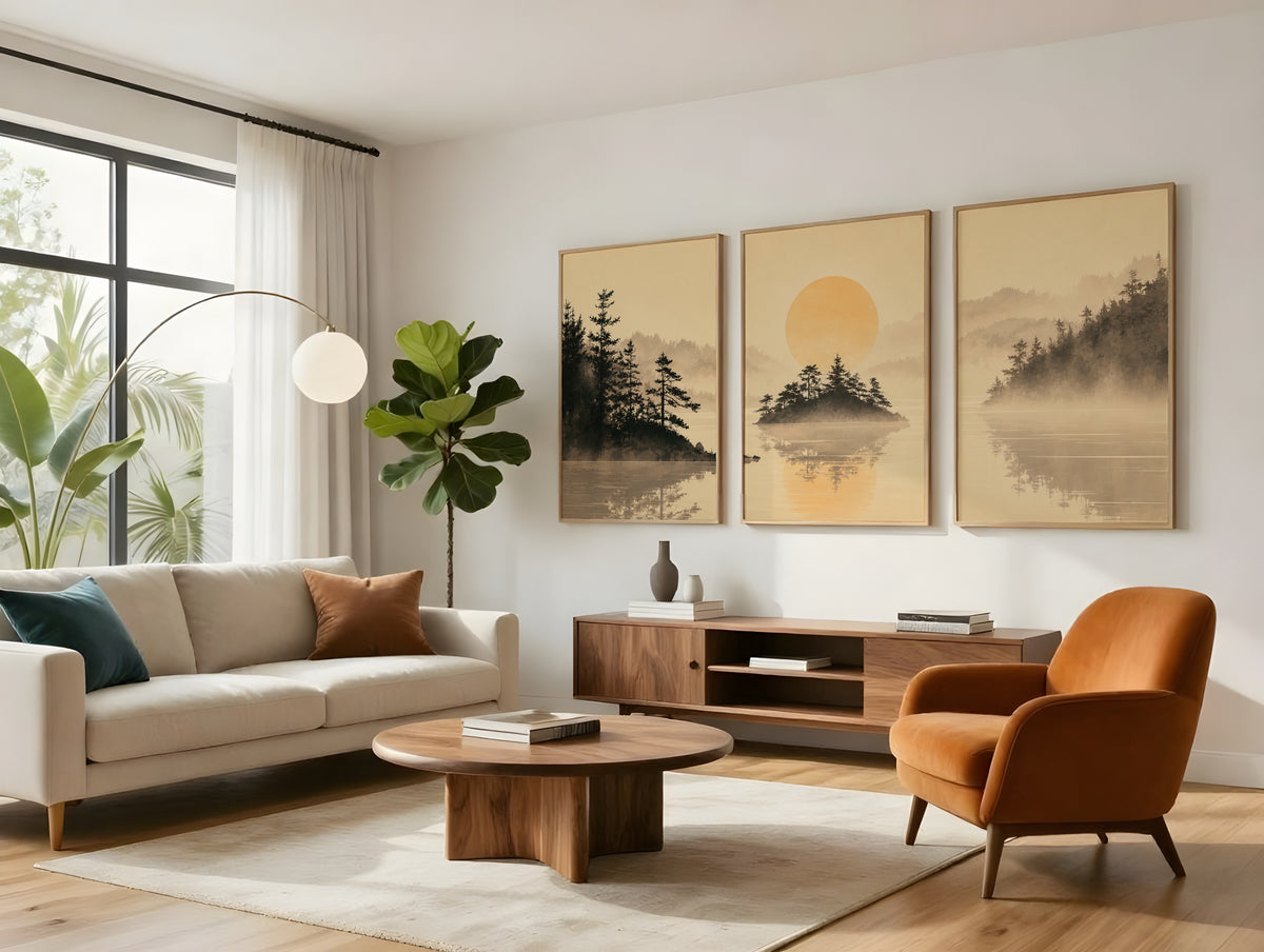 Misty Lake Pines panorama displayed in a styled interior — Japandi triptych wall art above sofa