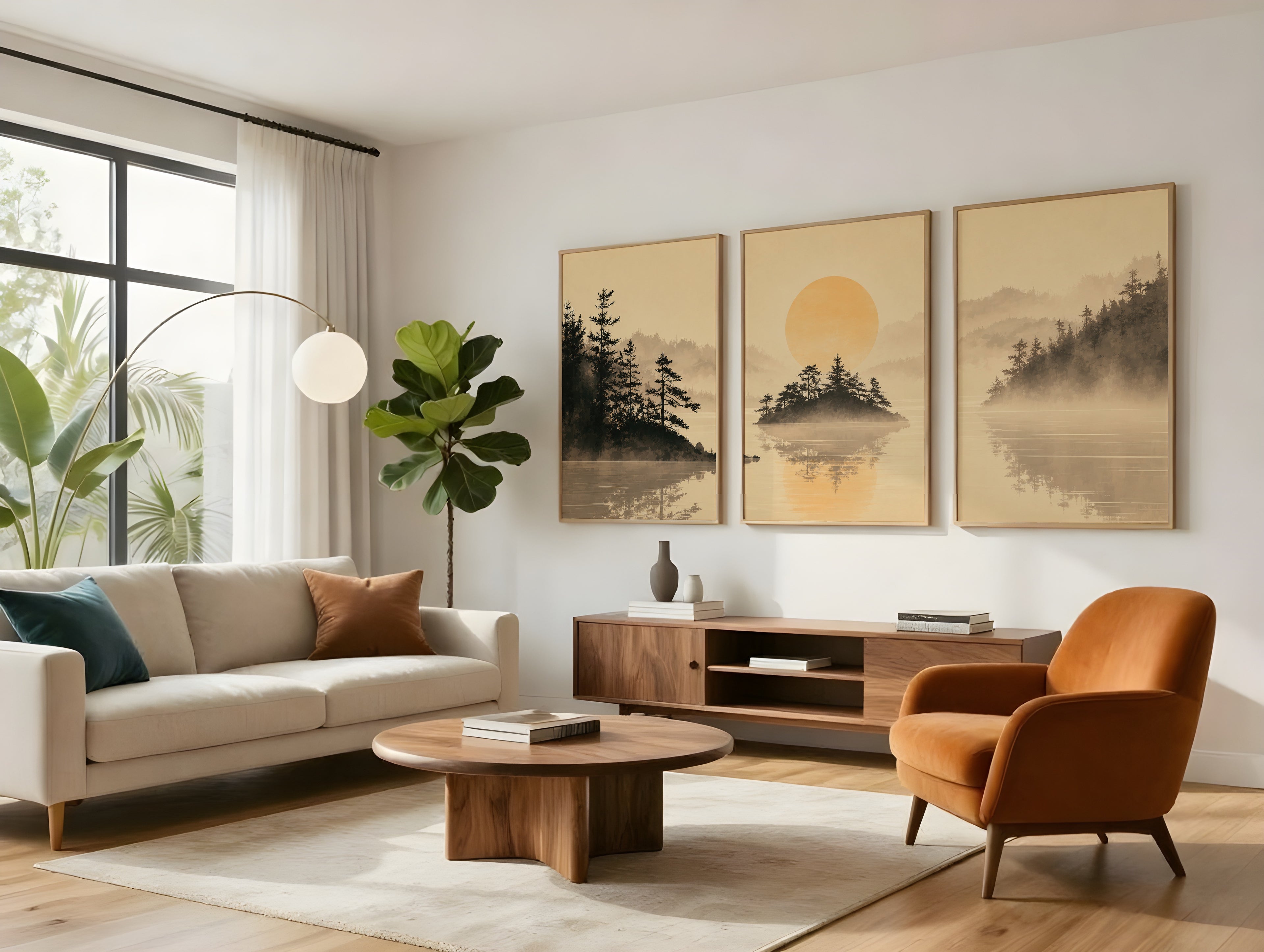 Misty Lake Pines panorama displayed in a styled interior — Japandi triptych wall art above sofa