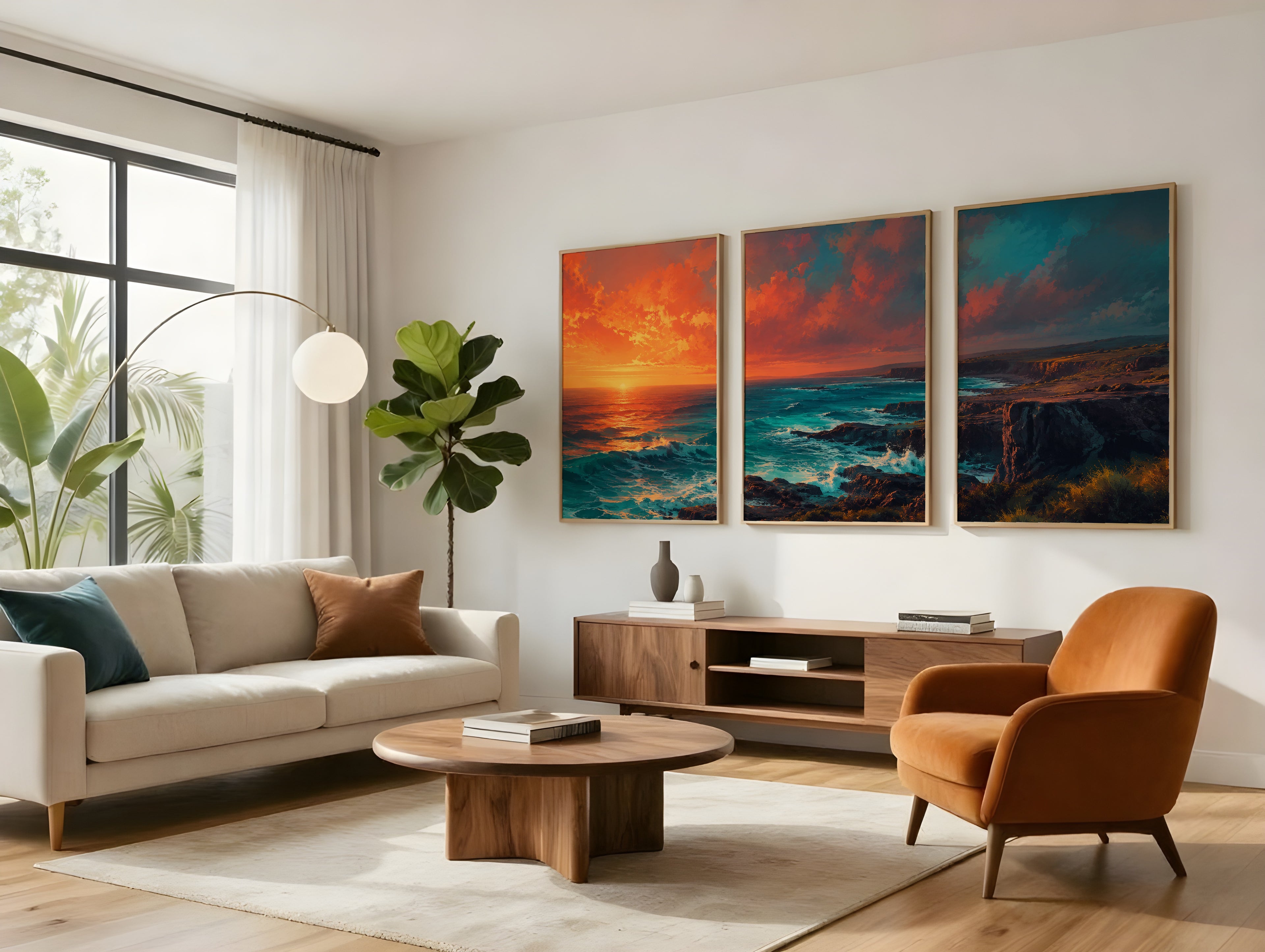 Gris Gris Ocean Cliffs panorama displayed in a styled interior — dramatic Mauritius coastal triptych above sofa