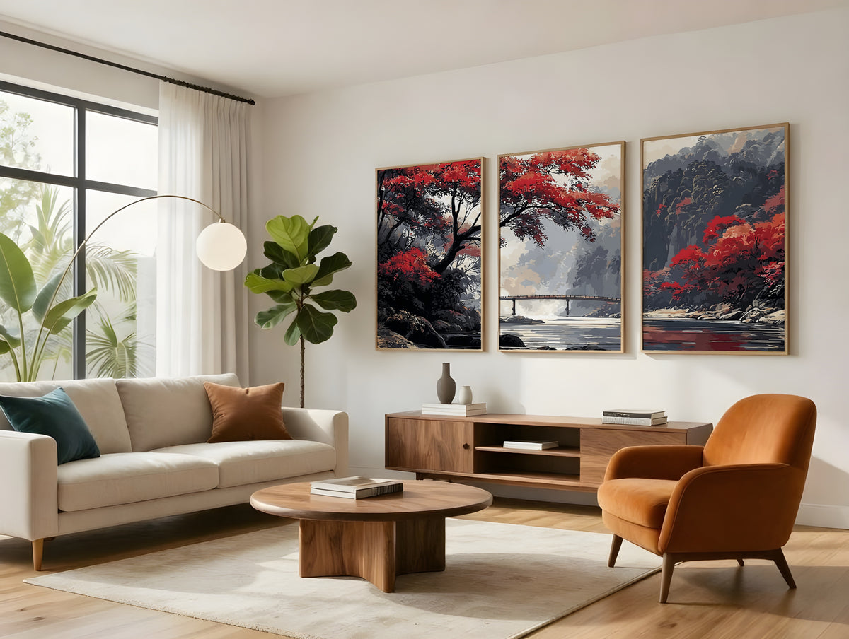 Crimson Bridge Valley panorama displayed as three panels in a premium interior