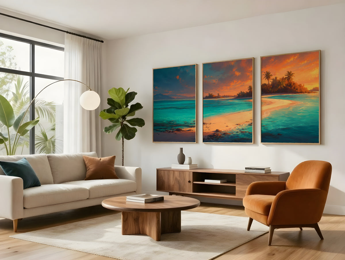 Île aux Cerfs Coral Lagoon panorama displayed in a styled interior — Mauritius lagoon triptych above sofa