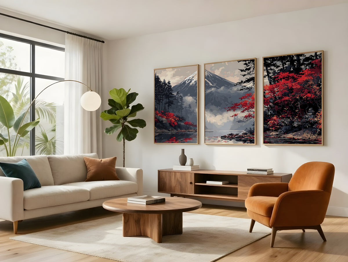 Crimson Fuji Lake panorama displayed as three panels in a premium interior