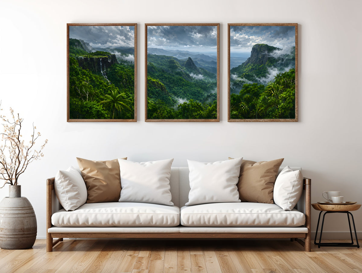 Black River Gorges Canopy panorama in a premium lifestyle interior — printable Mauritius three-panel rainforest panorama