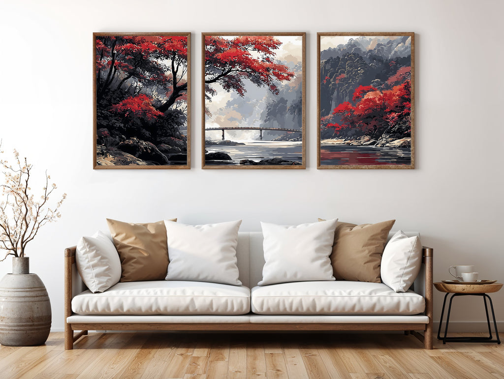 Crimson Bridge Valley Japanese panoramic triptych styled in a luxury living space