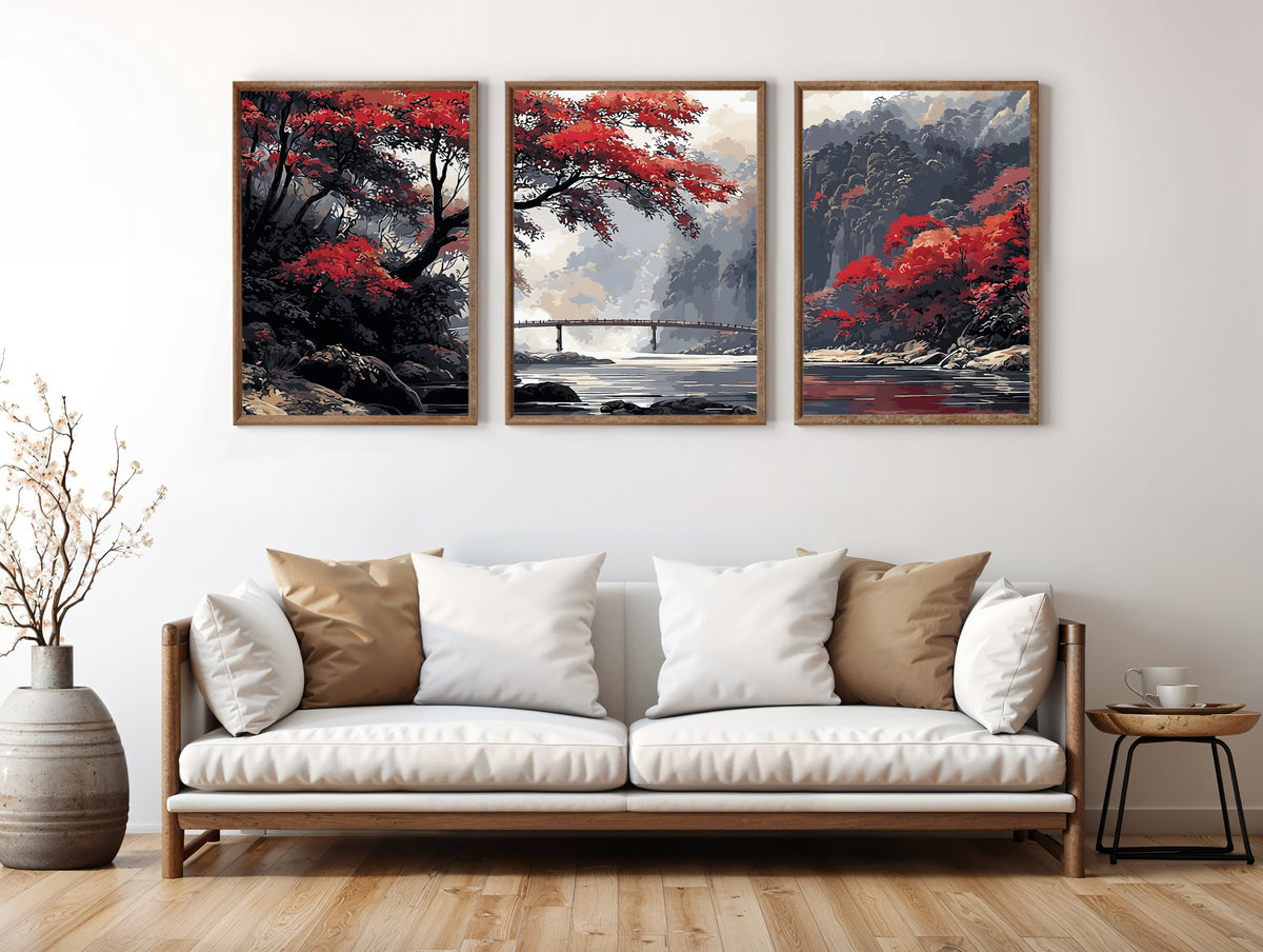 Crimson Bridge Valley Japanese panoramic triptych styled in a luxury living space