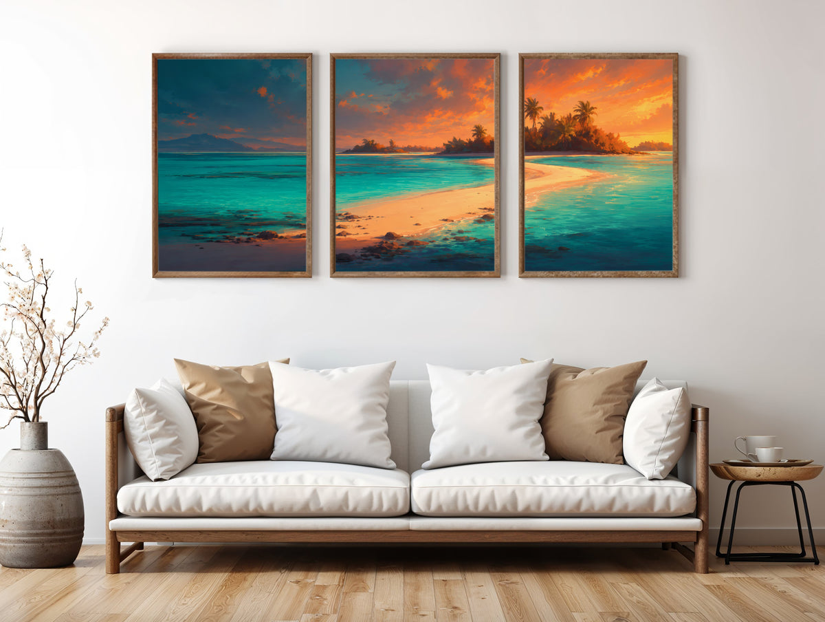 Île aux Cerfs Coral Lagoon panorama in a premium lifestyle interior — printable Mauritius three-panel lagoon panorama