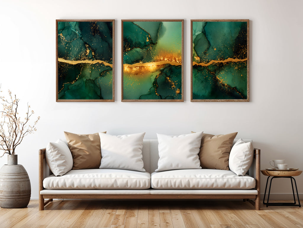 Emerald Gold Panorama three-panel triptych styled in a contemporary interior setting