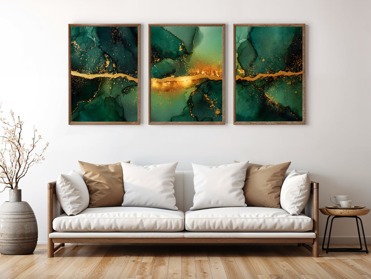 Emerald Gold Panorama three-panel triptych styled in a contemporary interior setting