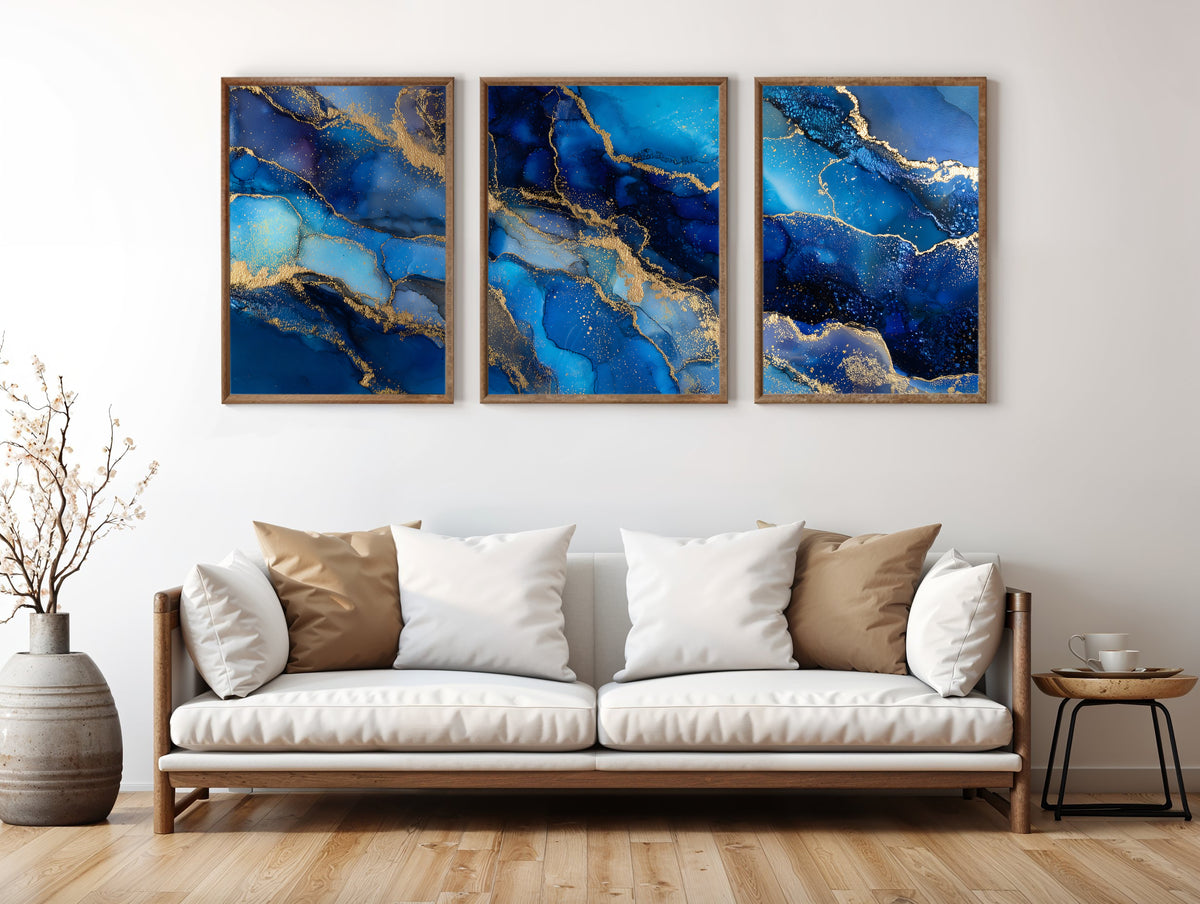 Cobalt Gold Panorama three-panel triptych styled in a contemporary interior setting