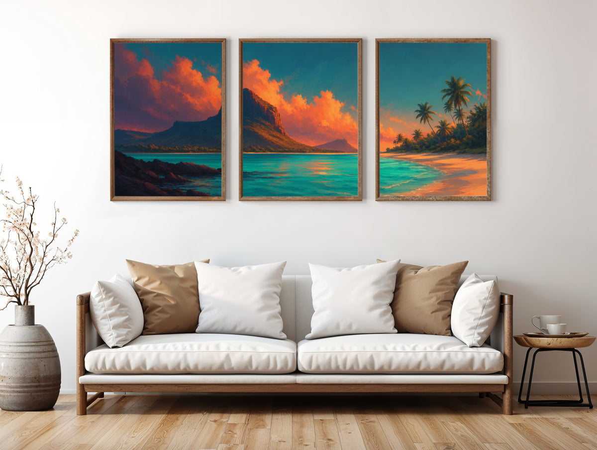 Le Morne Ember Lagoon panorama in a premium lifestyle interior — printable Mauritius three-panel sunset panorama