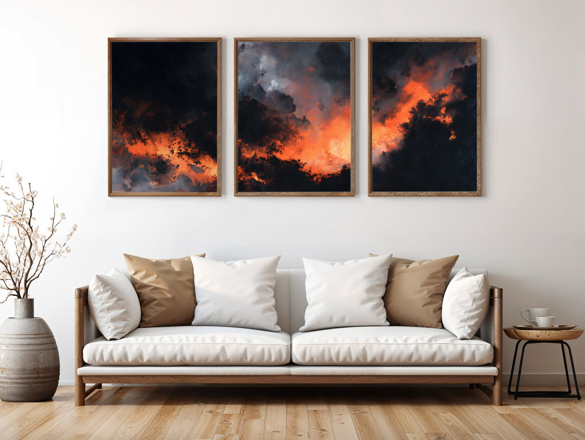 Ember Horizon Panorama three-panel triptych styled in a contemporary interior setting