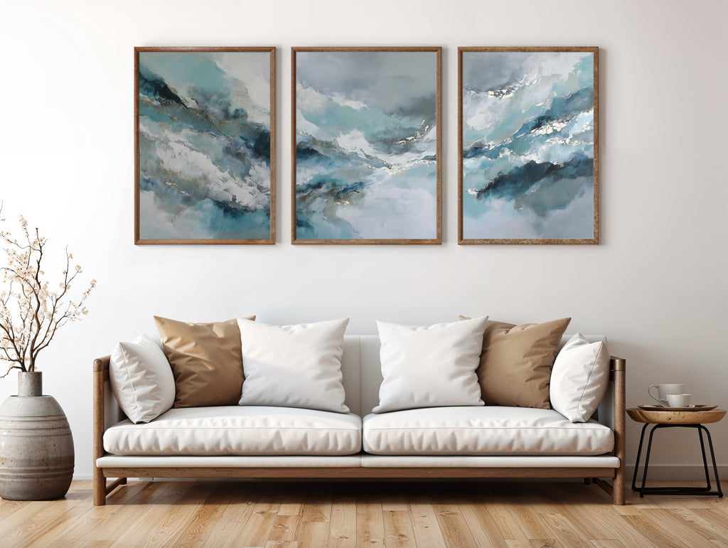 Arctic Light Panorama three-panel triptych styled in a contemporary interior setting