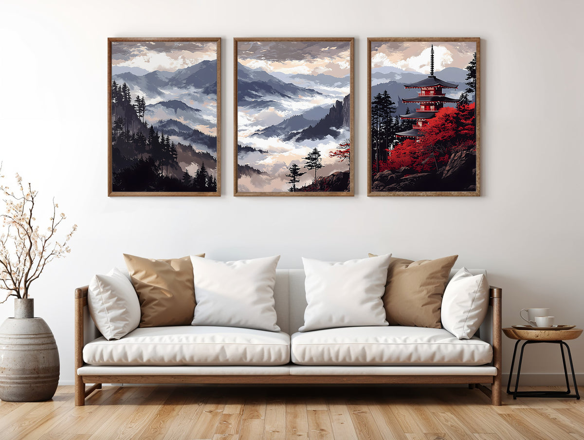 Temple Ridge Cloud Sea Japanese panoramic triptych styled in a luxury living space