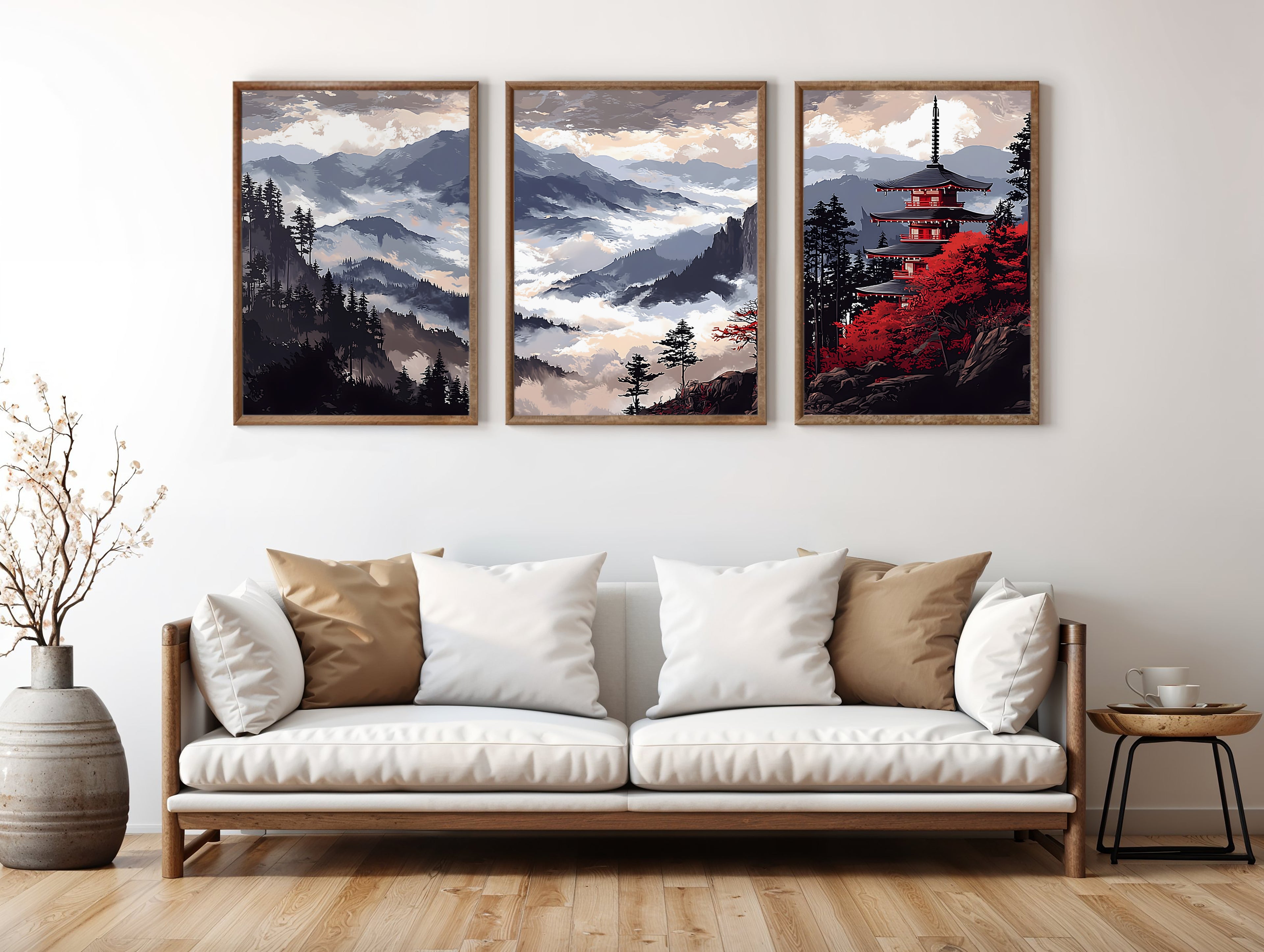Temple Ridge Cloud Sea Japanese panoramic triptych styled in a luxury living space