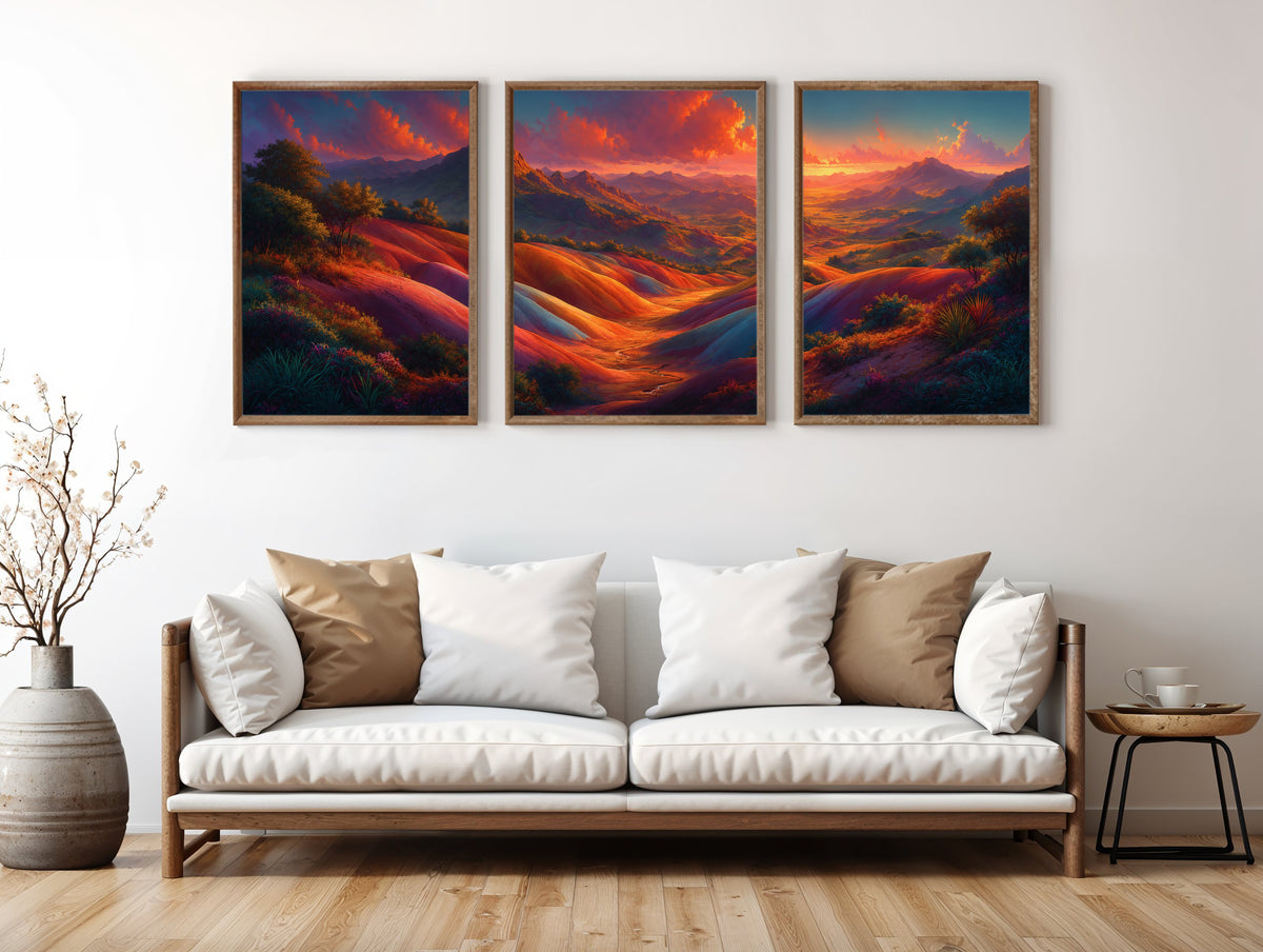 Chamarel Seven Coloured Earth panorama in a premium lifestyle interior — printable Mauritius three-panel earth panorama