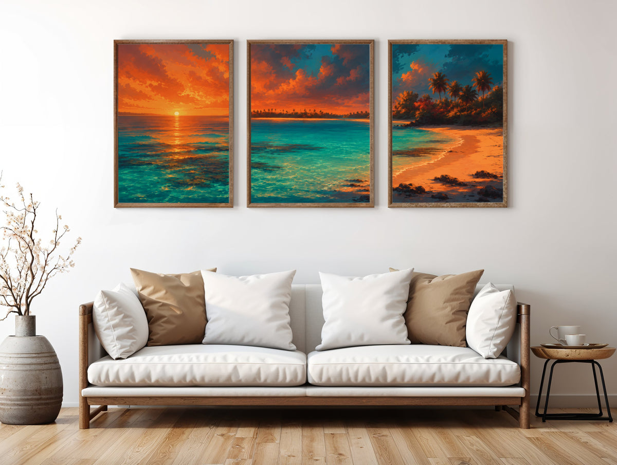Blue Bay Reef Light panorama in a premium lifestyle interior — printable Mauritius three-panel reef panorama