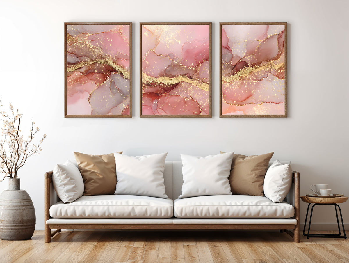 Pearl Gold Panorama three-panel triptych styled in a contemporary interior setting