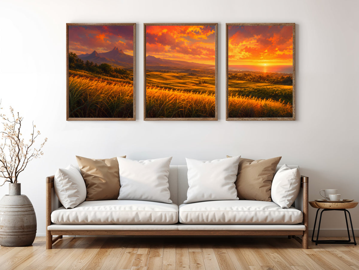 Sugarcane Fields at Sunset panorama in a premium lifestyle interior — printable Mauritius three-panel landscape panorama