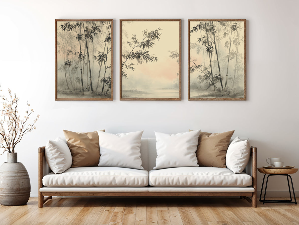 Bamboo Mist Forest panorama in a premium lifestyle interior — printable Japandi three-panel bamboo art