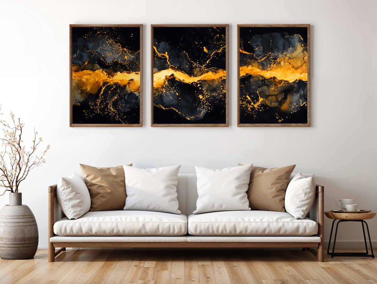 Obsidian Gold Panorama three-panel triptych styled in a contemporary interior setting