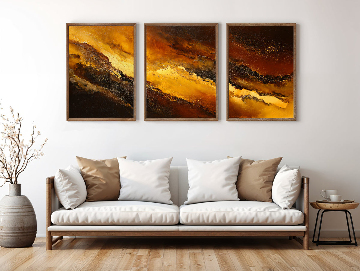 Molten Surge Panorama three-panel triptych styled in a contemporary interior setting