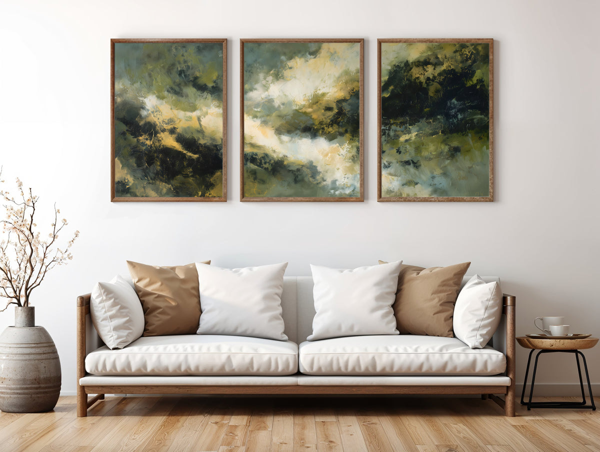 Sage Storm Panorama three-panel triptych styled in a contemporary interior setting
