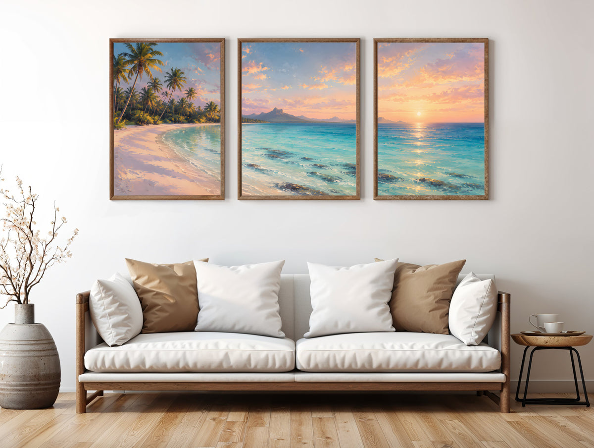 Trou aux Biches Dawn Lagoon panorama in a premium lifestyle interior — printable Mauritius three-panel coastal panorama