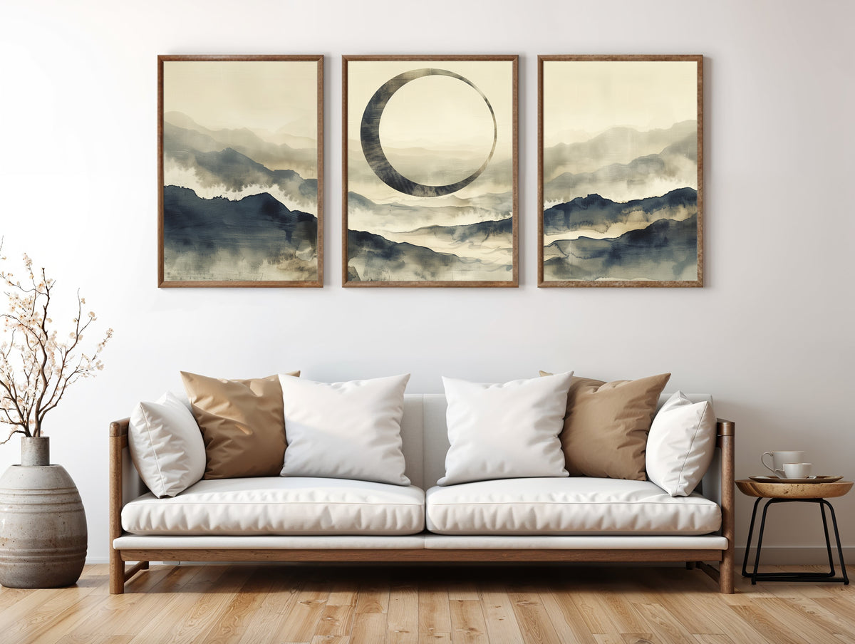 Enso Misty Mountain Horizon panorama in a premium lifestyle interior — printable Japandi three-panel mountain art