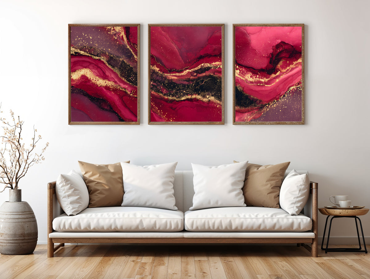 Garnet Gold Panorama three-panel triptych styled in a contemporary interior setting