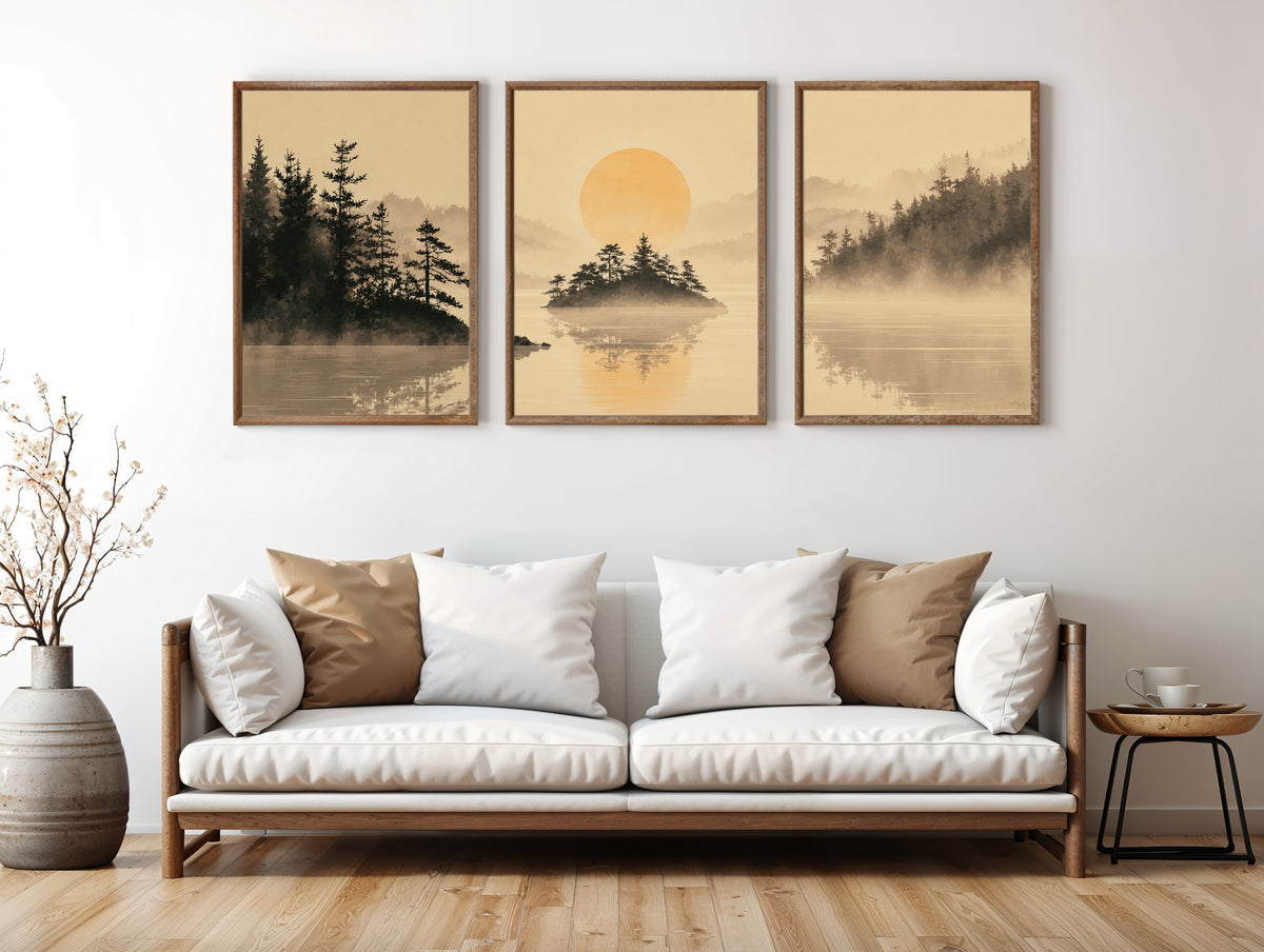 Misty Lake Pines panorama in a premium lifestyle interior — printable Japandi three-panel art