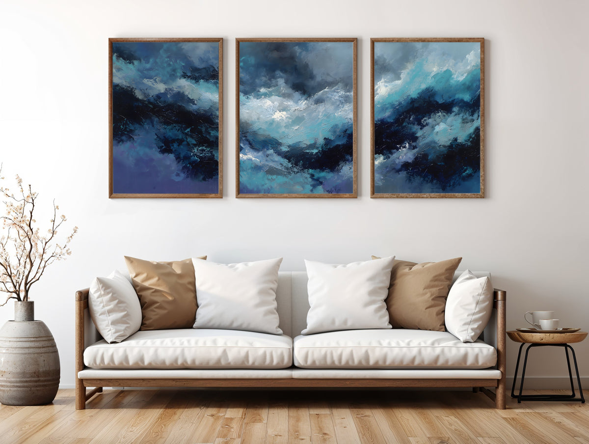 Midnight Storm Panorama three-panel triptych styled in a contemporary interior setting