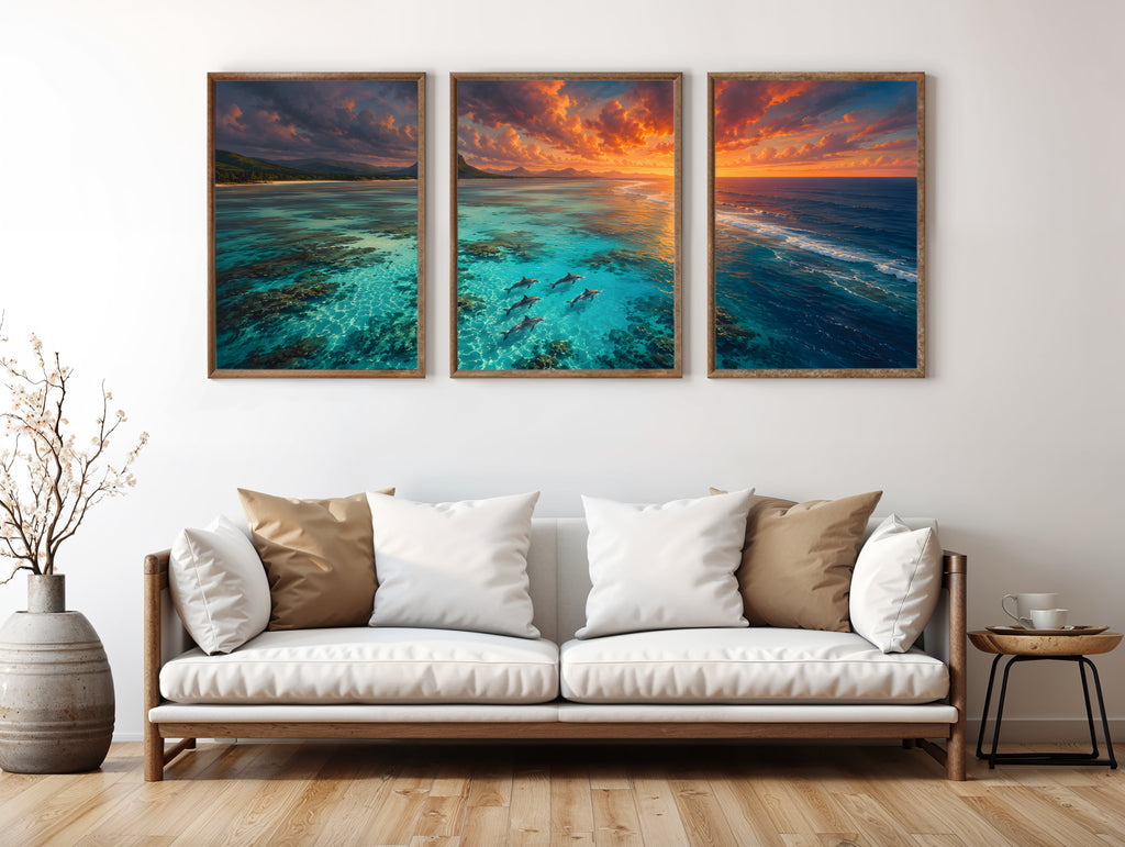 Dolphins In The Lagoon panorama in a premium lifestyle interior — printable Mauritius three-panel dolphin panorama