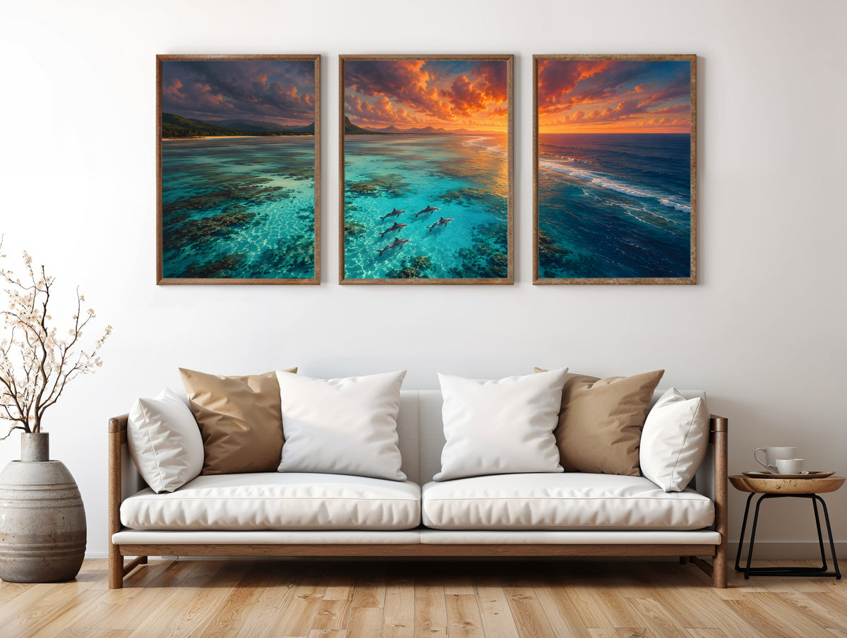 Dolphins In The Lagoon panorama in a premium lifestyle interior — printable Mauritius three-panel dolphin panorama