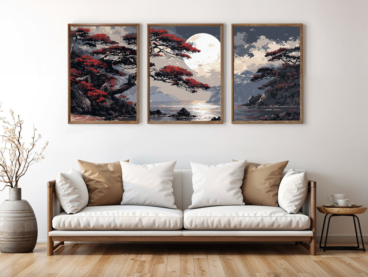 Crimson Moon Shore Japanese panoramic triptych styled in a luxury living space