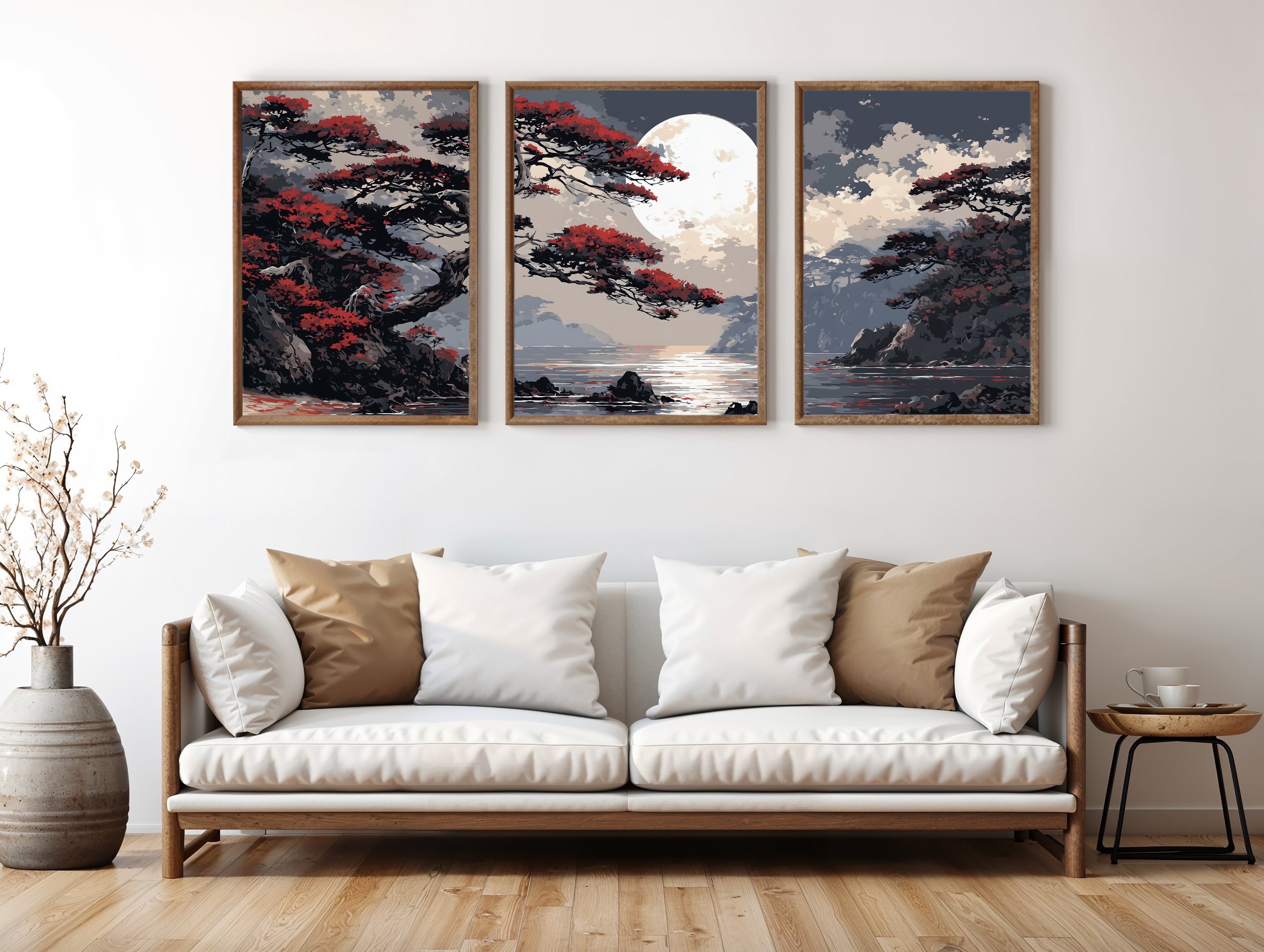 Crimson Moon Shore Japanese panoramic triptych styled in a luxury living space
