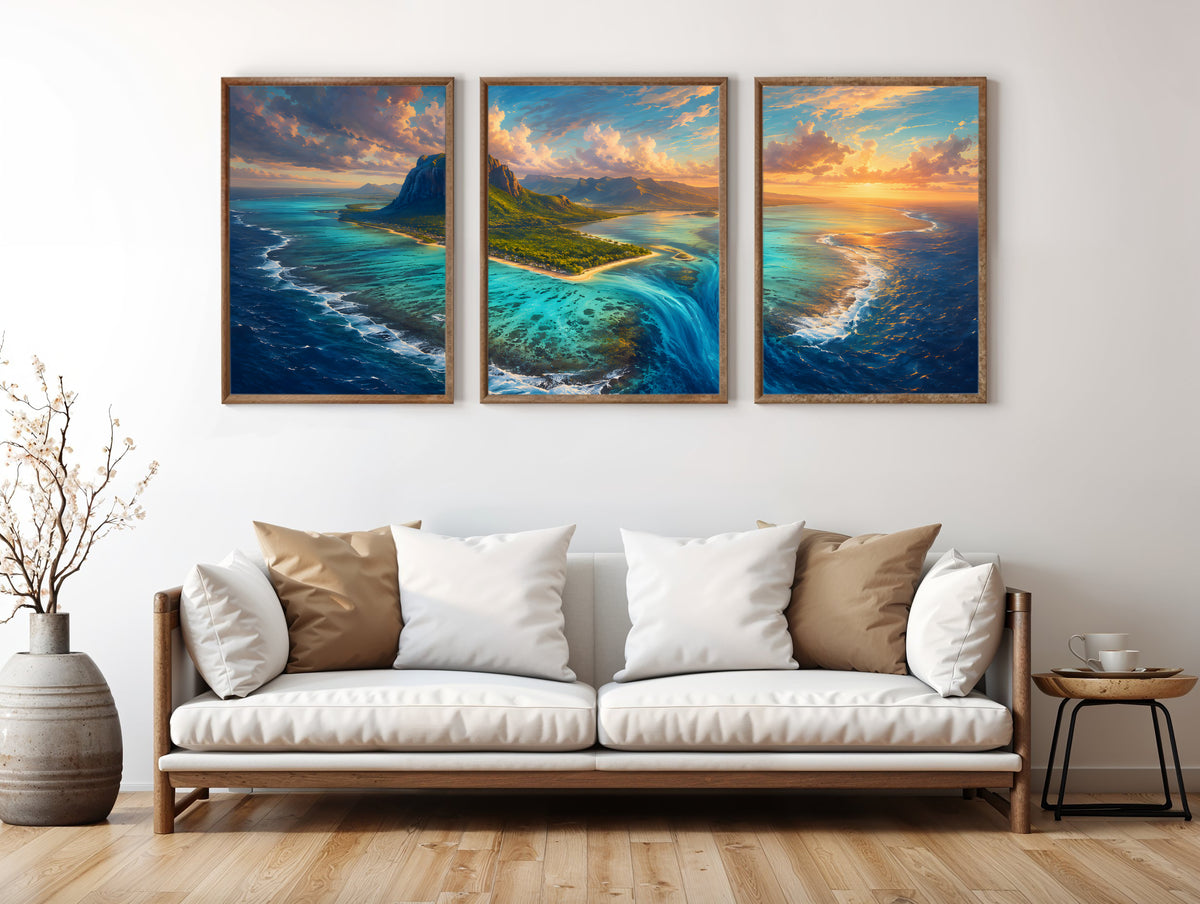 Le Morne Aerial Reef panorama in a premium lifestyle interior — printable Mauritius three-panel aerial reef panorama