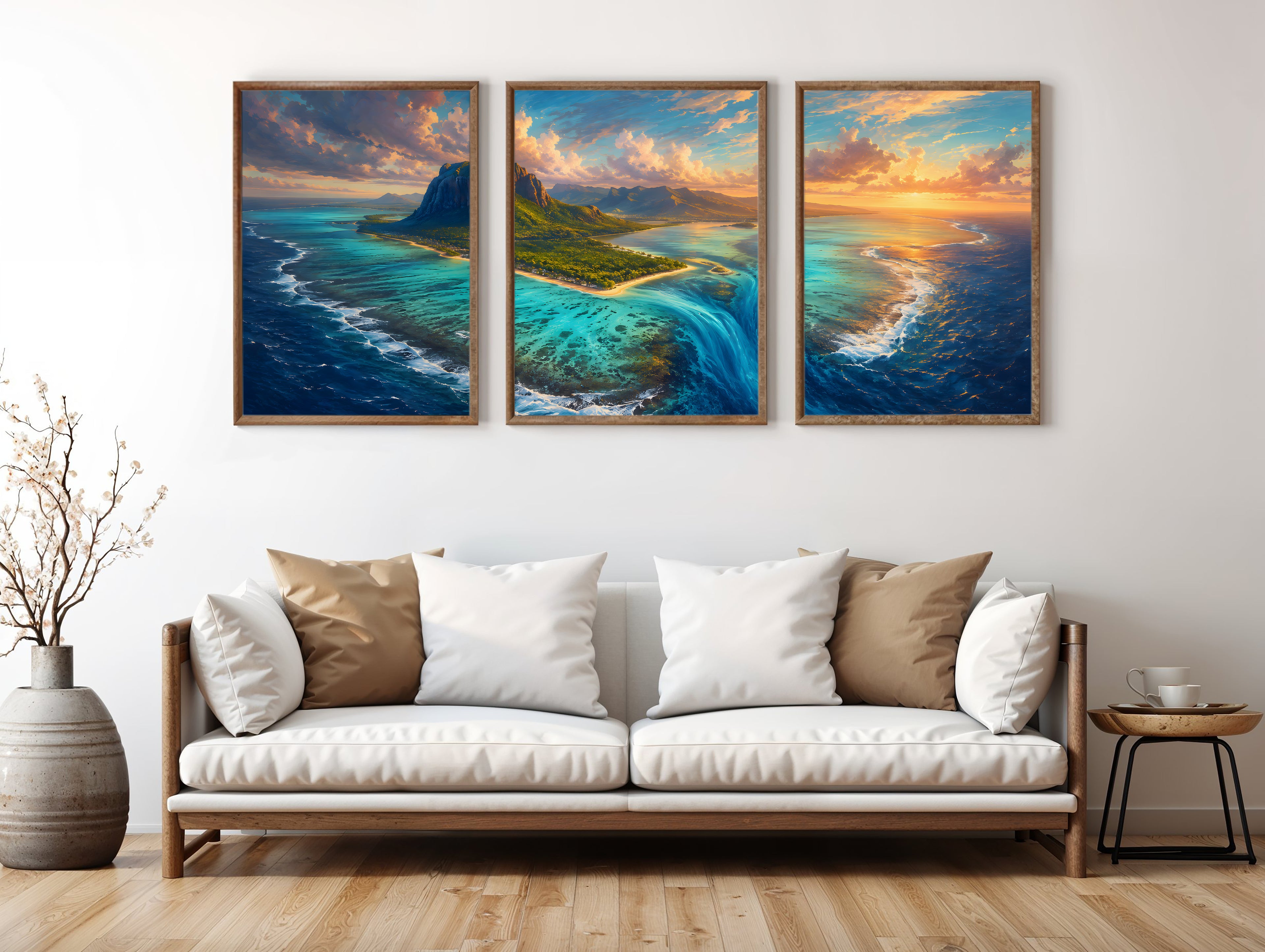 Le Morne Aerial Reef panorama in a premium lifestyle interior — printable Mauritius three-panel aerial reef panorama