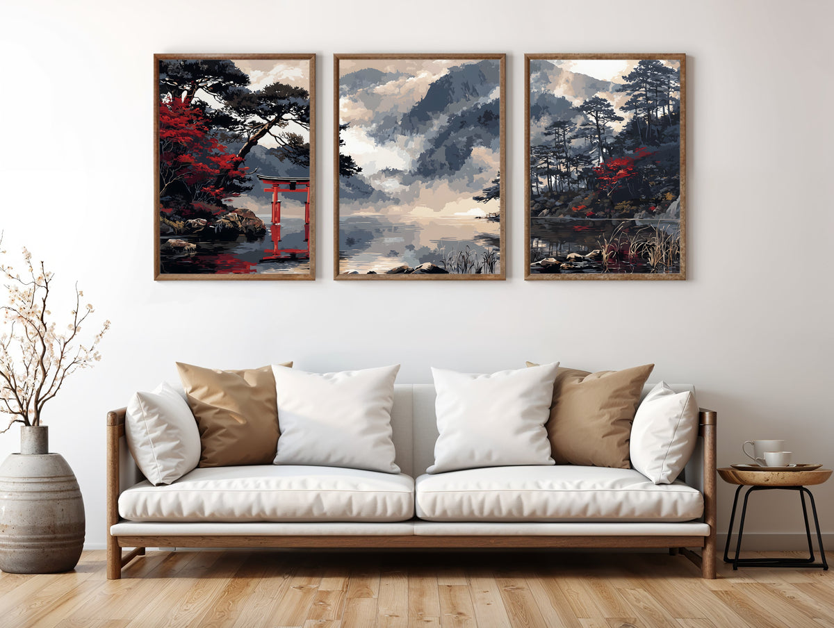 Silent Torii Inlet Japanese panoramic triptych styled in a luxury living space