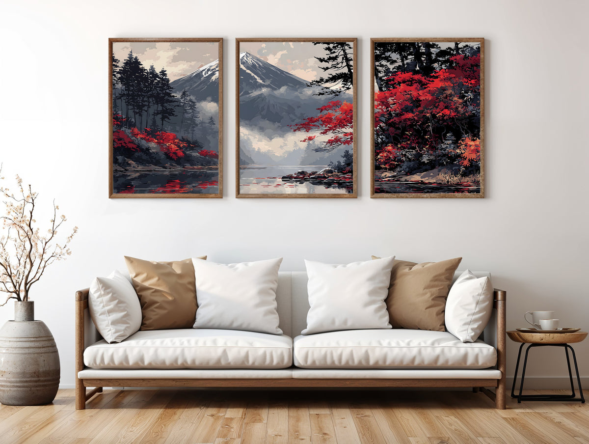 Crimson Fuji Lake Japanese panoramic triptych styled in a luxury living space