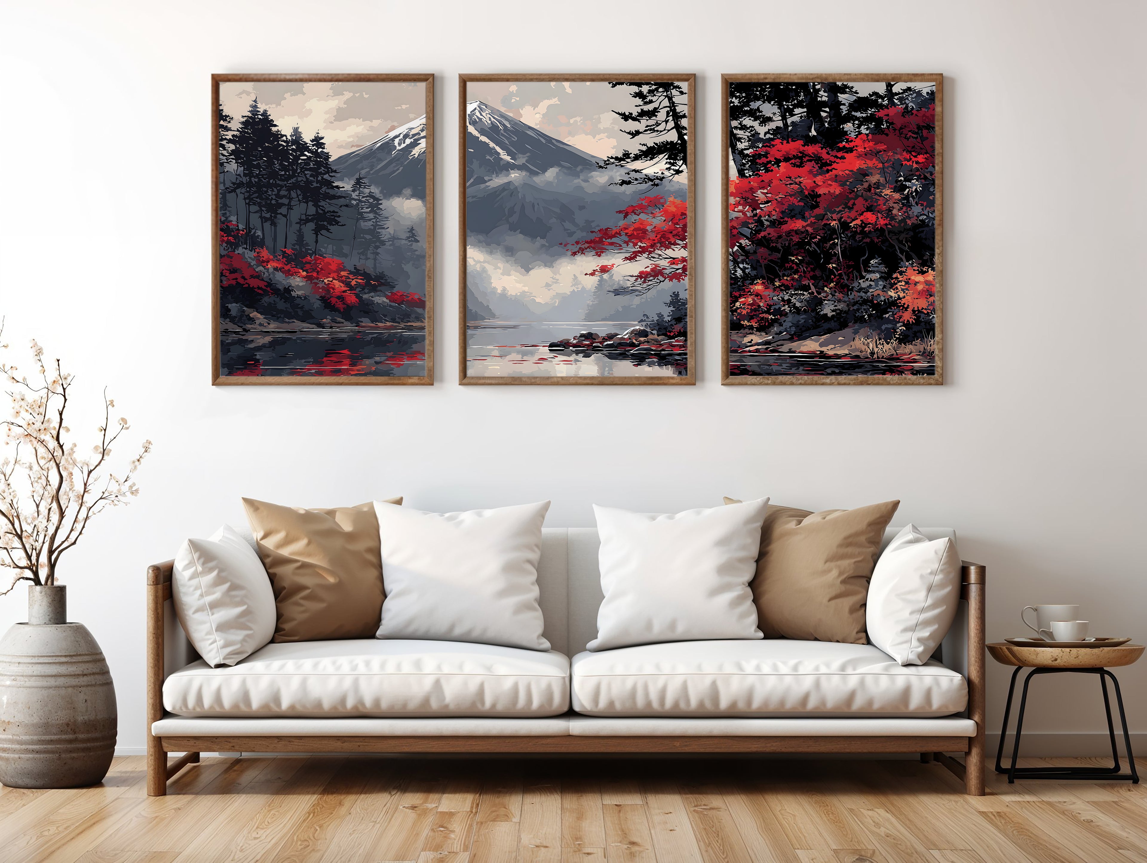 Crimson Fuji Lake Japanese panoramic triptych styled in a luxury living space
