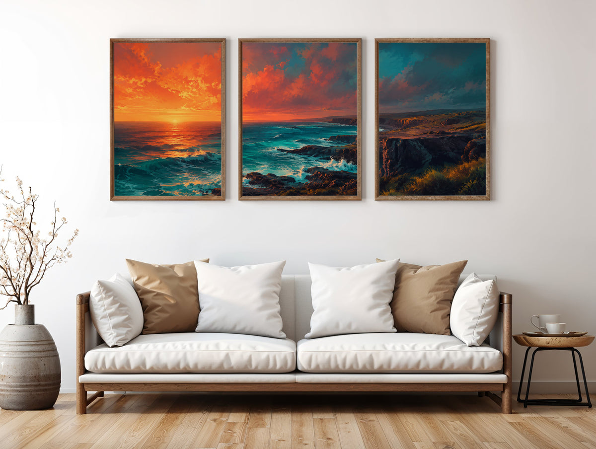 Gris Gris Ocean Cliffs panorama in a premium lifestyle interior — printable Mauritius three-panel dramatic coastal panorama