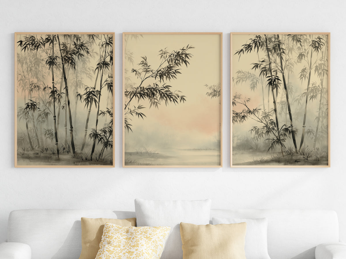 Close-up of Bamboo Mist Forest panorama — cream and graphite bamboo mist palette detail