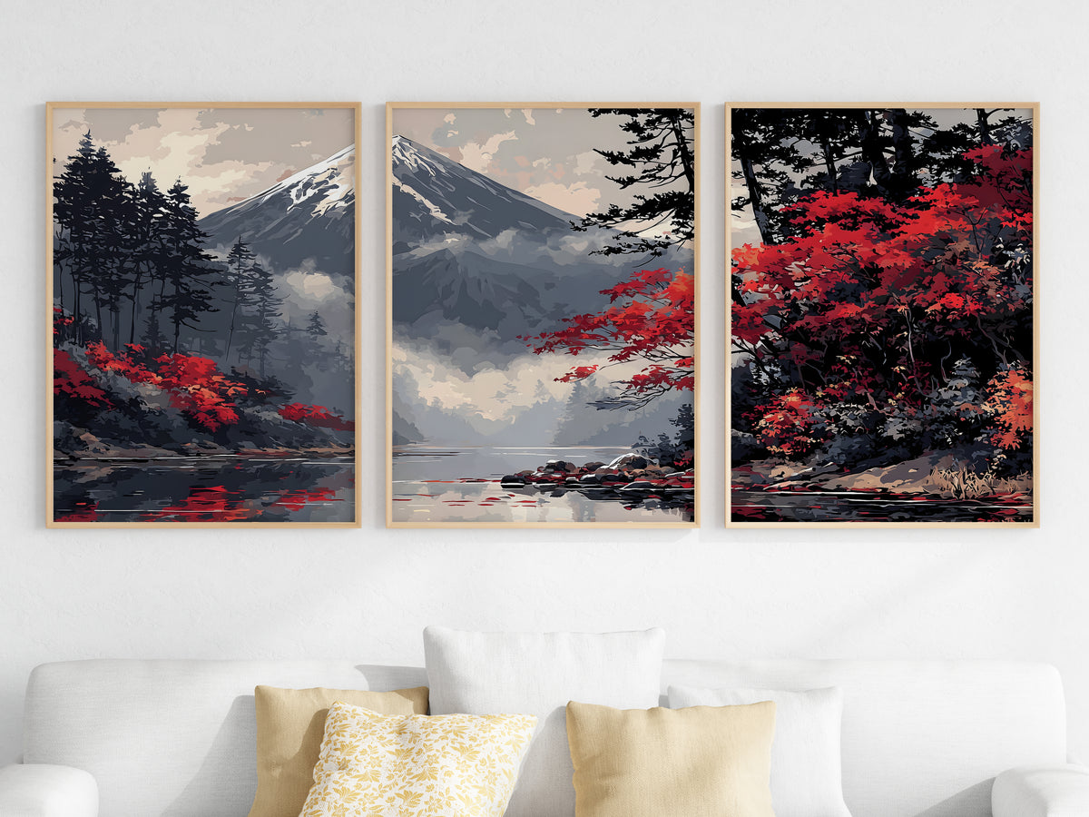 Crimson Fuji Lake — close-up showing crimson maple foliage and pine silhouettes